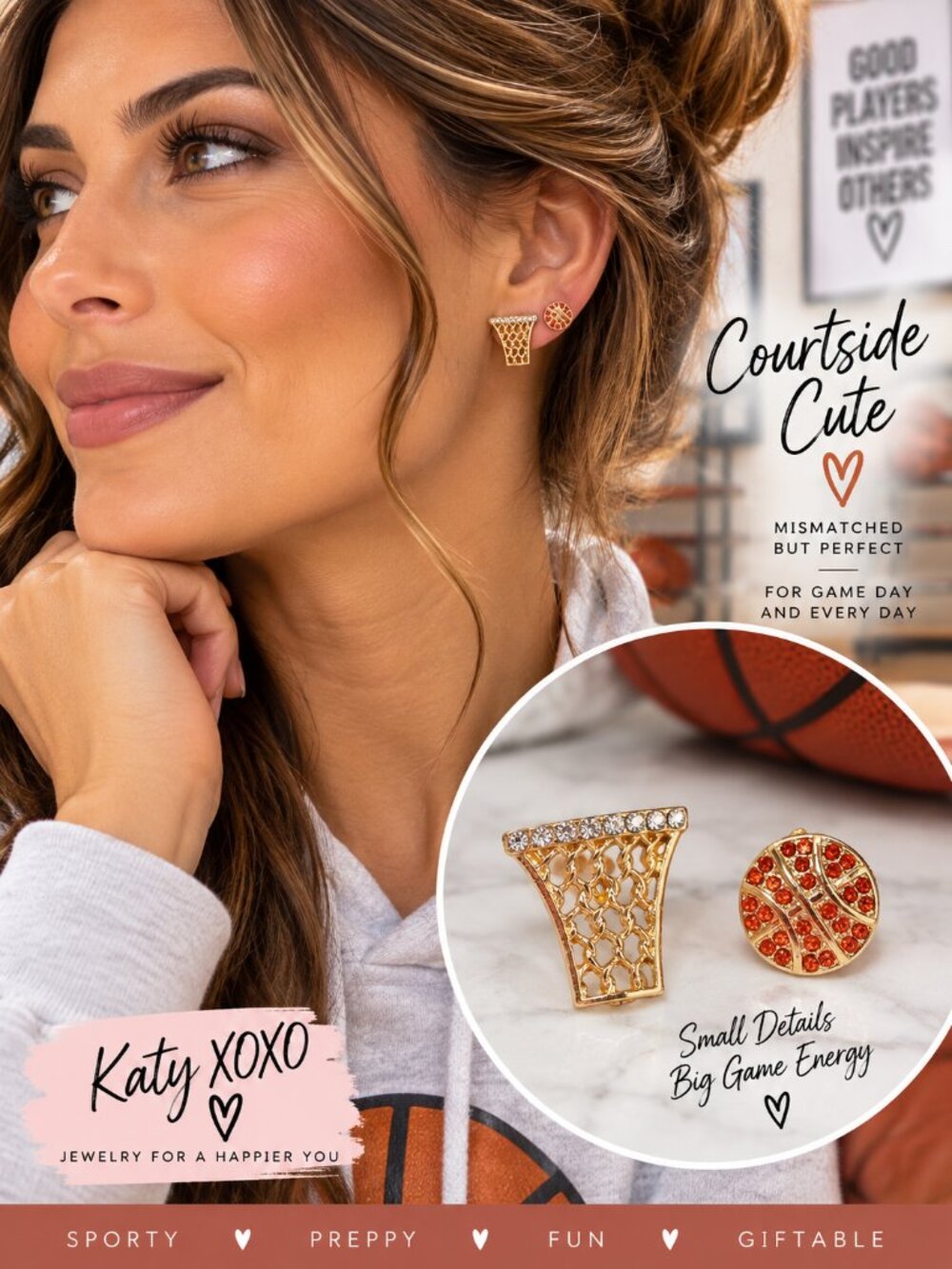 Basketball Hoop Ball Mismatched Stud Earrings Rhinestone Game Day Sports Mom